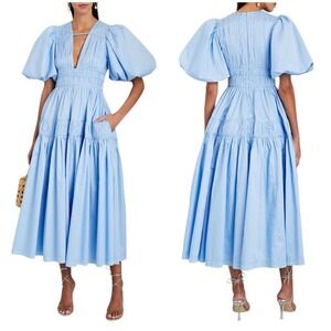AJE NWOT Fallingwater Gathered Midi Dress Blue Size 8 (US 4) Tiered Pleated Puff